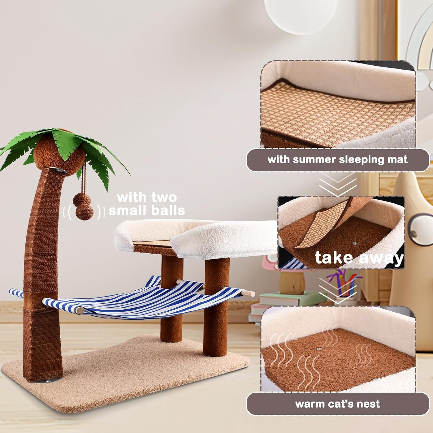 Cat Scratch Post with Hammock,29.5 Inches Tall Cat Scratcher with Cat Bed for Indoor Cats,Sisal Rope Cat Tree Scratching Post Tall with Hanging Ball for Small Cat Kitten