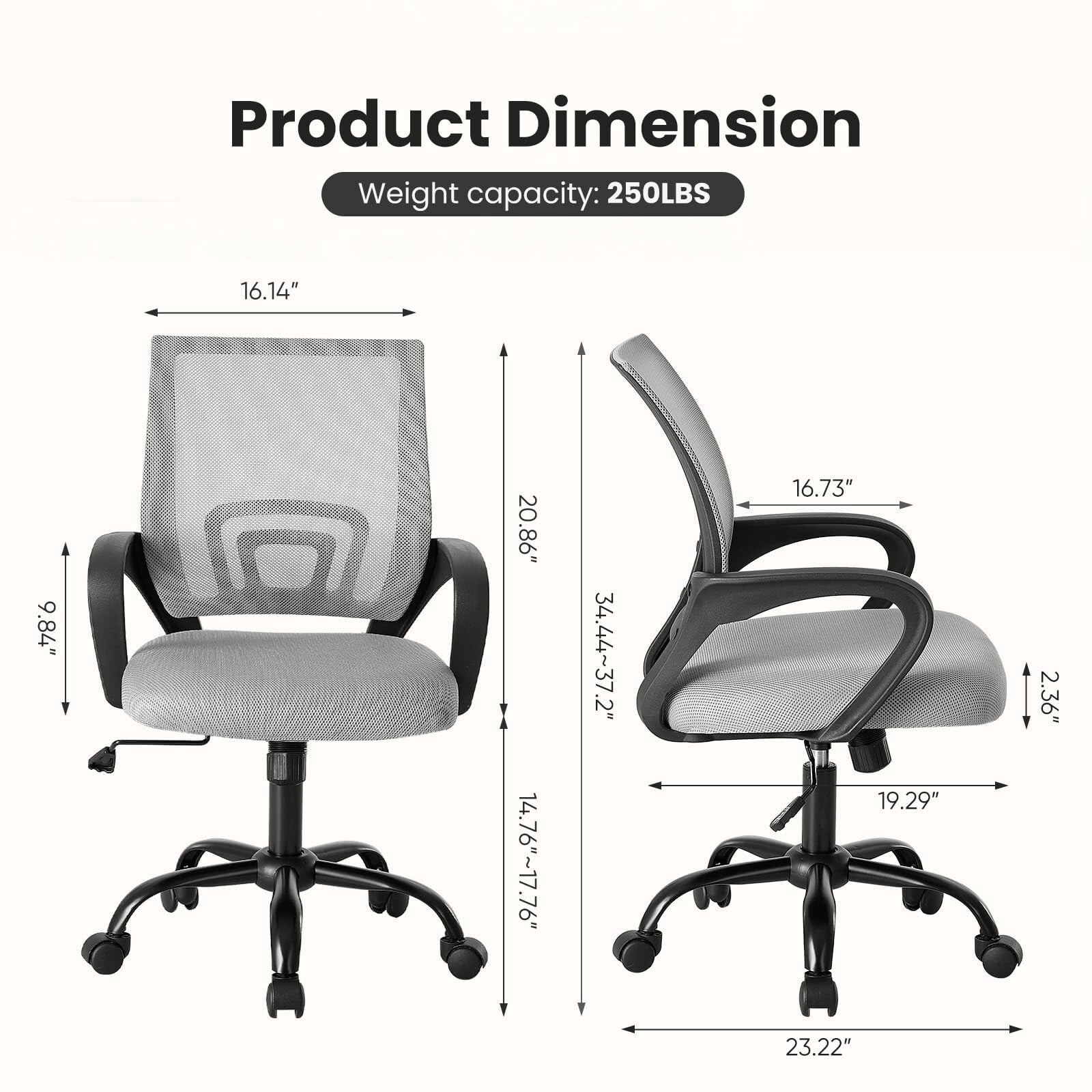 Kelno Mid-Back Mesh Office Chair 250lb Capacity Ergonomic Desk Chair with Lumbar Support Adjustable Height Rocking Task Chair, Gray