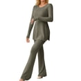 thumbnail image 1 of Women‘s Two Piece Knit Matching Outfits Crew Neck Slit Hem Tee And Pants Tracksuit Sets, 1 of 5