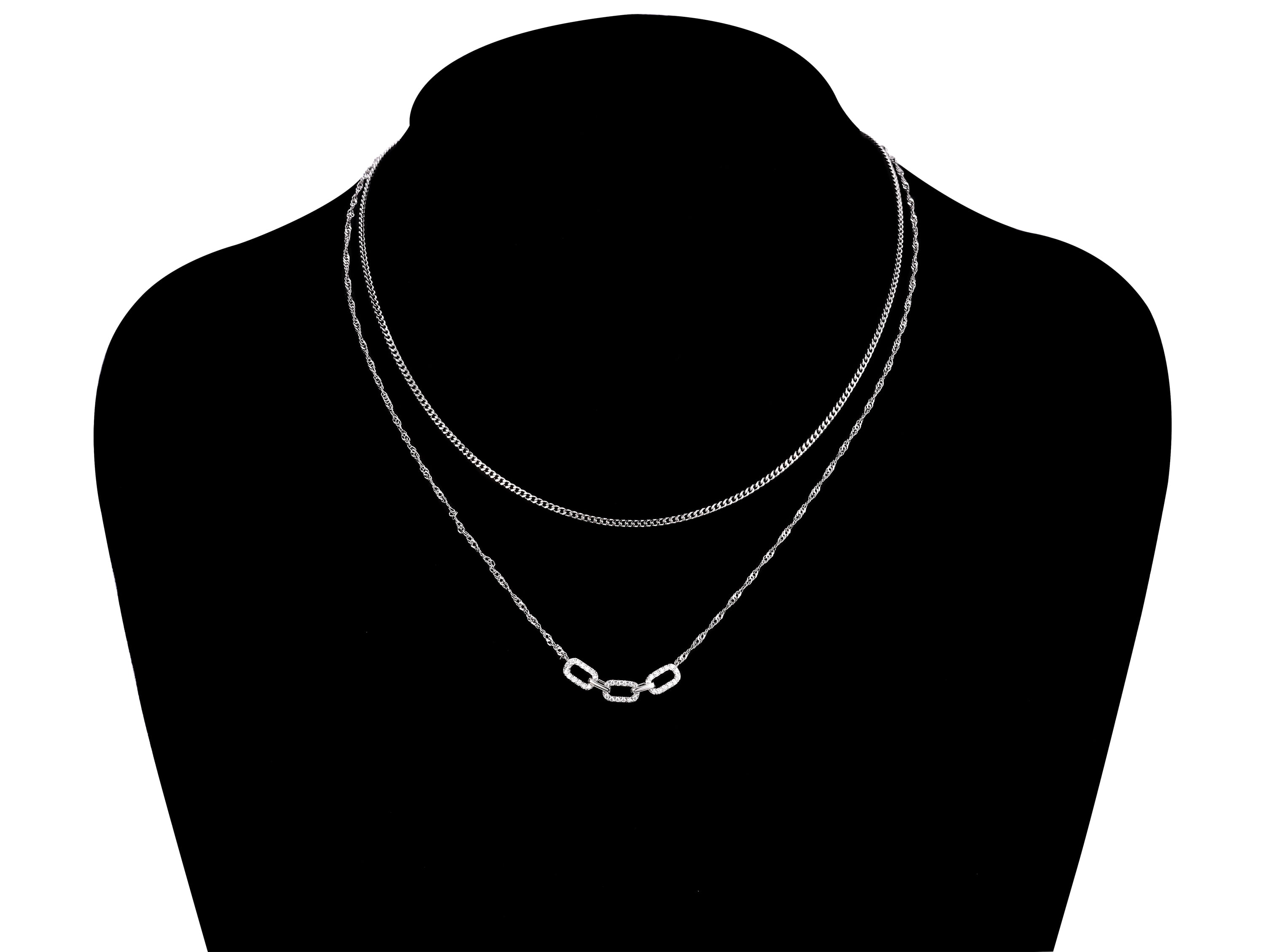 Women's Adult Fine Silver Plated Link Double Necklace Set with Simulated Diamonds