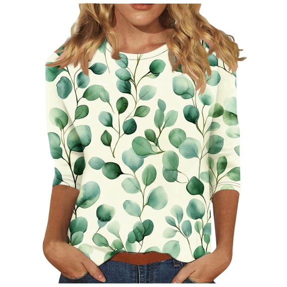 successthop Floral Blouses for Women Plus Size 3/4 Sleeve Tee Shirt Lightweight Oversized Crewneck Casual Print Shirt