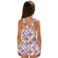 thumbnail image 2 of Xixirimido Colored Mermaid Scale Print Girls One-piece Swimsuits Sleeveless Swimwear with Skirt & Built-in Shorts Hawaiian Beach Vacation Modest Bathing Suit, 5-6 Years, 2 of 7