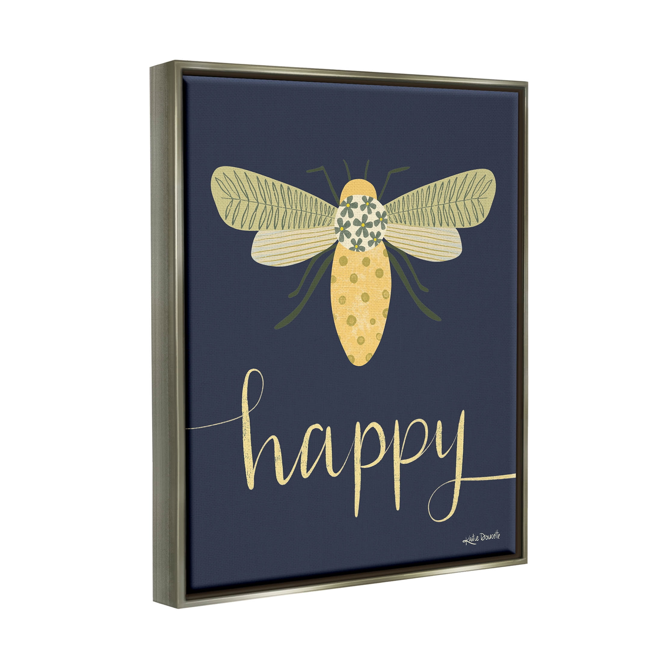 Stupell Industries Happy Patterned Insect Bug Calligraphy Graphic Art Luster Gray Floating Framed Canvas Print Wall Art, Design by Katie Doucette