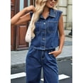 thumbnail image 3 of Women'S Denim Jumpsuit Sleeveless Button Down Tank Top Flared Wide Leg Bell Bottom Jeans Overalls Blue M, 3 of 7
