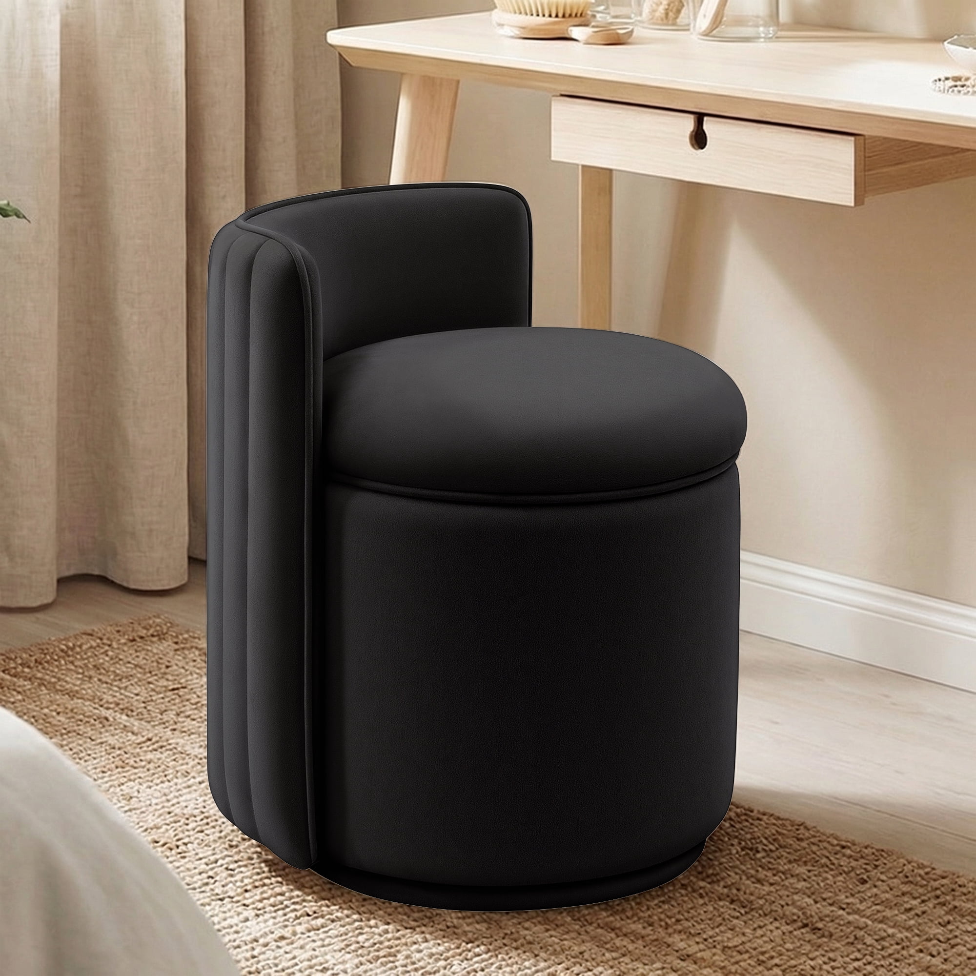 COOLHUT Vanity Chair, Upholstered Vanity Stool with Storage, Velvet Swivel Accent Chair, No Assembly Small Accent Stool, Makeup Chair for Bedroom, Living Room and Dressing Area, Black