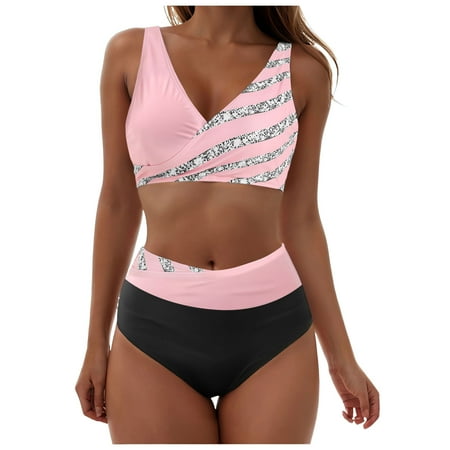 GXWEA Tummy Control Bathing Suits For Women Black Swimsuits For Women Women High Waisted Bikini Sets Tummy Control Swimsuits Color Block Two Piece Drawstring Bathing Suit Pink L