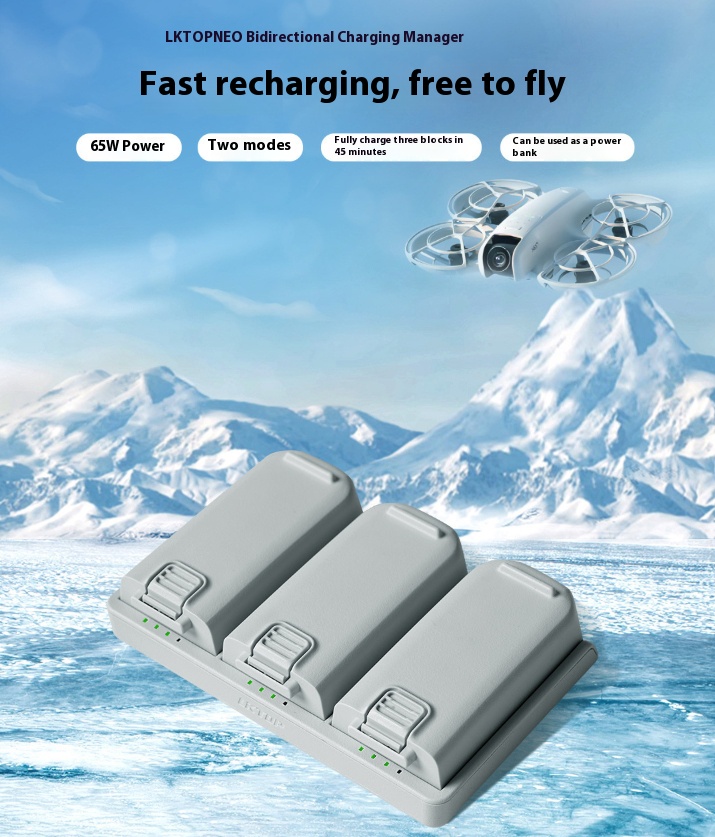 65W Fast Drone Battery Charger Hub - Bigcan Triple Charging Station for DJI Neo Flight Batteries, Dual Mode Output, Power Bank Function, 115x75x15mm Portable Size