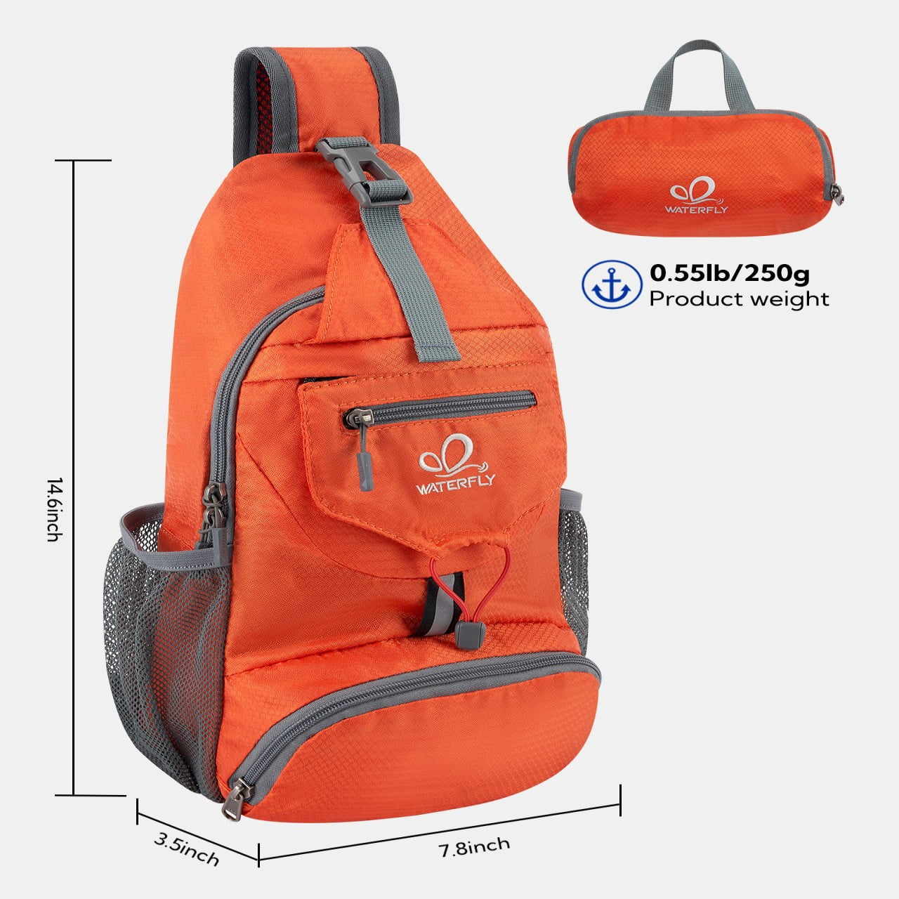 WATERFLY Unisex Small Packable Hiking Travel Sling Cross-Body Shoulder Chest Bag,Orange