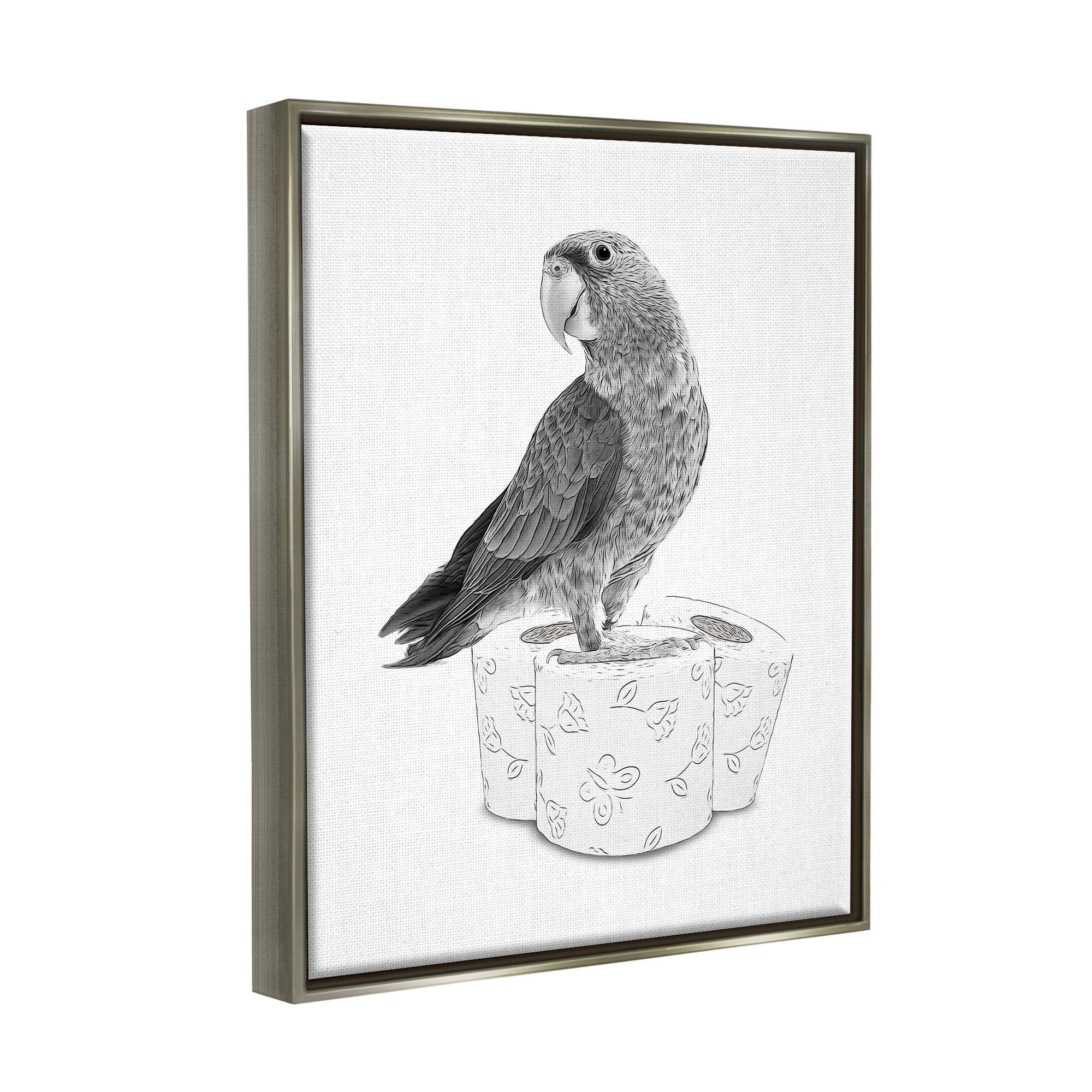 Stupell Industries Parrot & Toilet Paper Bathroom Animals & Insects Painting Gray Floater Framed Art Print Wall Art