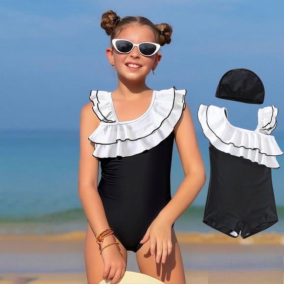 Kids Girls Swim Suits White Bathing Suit One Piece Bathing Suits for Teenagers 8-9 Years