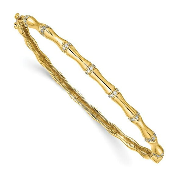 Quality Gold BM3698-025-YA 14K Yellow Gold Bamboo Design Diamond Hinged Bangle Bracelet