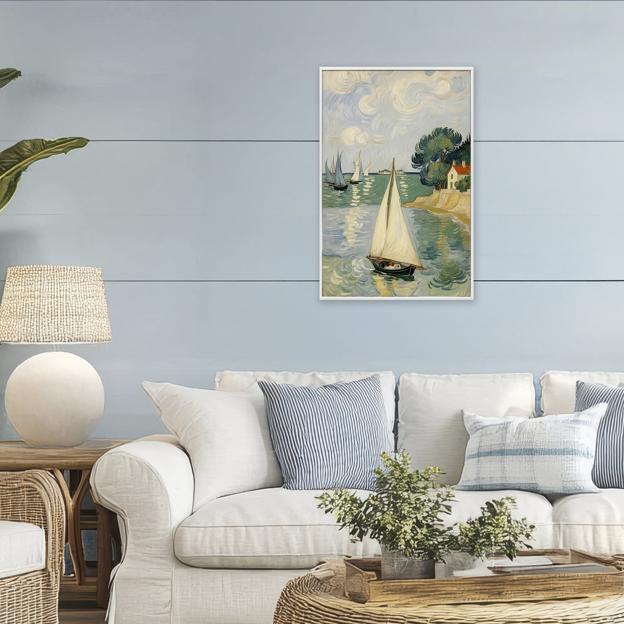 Stupell Industries Coastal Sailboats Under Swirling Clouds White Framed Giclee Art, design by Angie Hawke