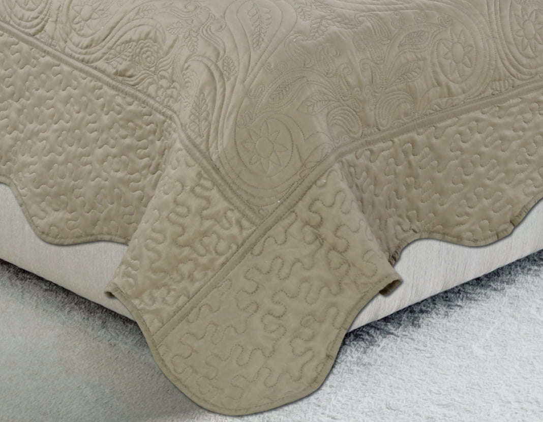 Marina Decoration Embroidered Stitching Coverlet Bedspread Ultra Soft Solid Bedding Summer Quilt Set with Quilted Sham, Taupe Floral Paisley Pattern