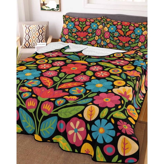 Boho Flower Queen Size Down Alternative Comforter, Lightweight Comforter Quilt Bedding Set with Pillow Shams Red Blue Yellow Colorful Mexico Tribal All Seasons Bed Comforter Duvet Insert 90"x96"