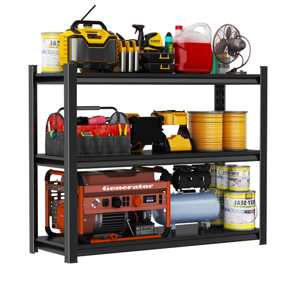 32''Garage Shelving,3-Tier Metal Storage Shelves Unit, Adjustable, Double-Layer Column with Reinforced Ribs, Heavy-Duty, Capable of Bearing 1800 lbs, Suitable for Garage, Warehouse, Kitchen Storage
