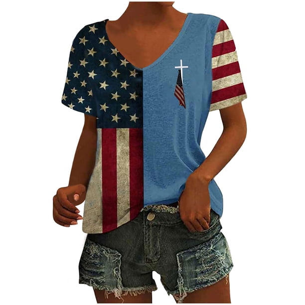 Tops Cortos para las Mujeres Día de la Independencia Patriótica Impreso Cuello en V, Manga Corta Top Casual para Diario, Fiesta Y Todas las Estaciones