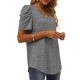 thumbnail image 3 of Womens Summer Shirt V Neck Casual Tshirts Puff Sleeve Tops for Women Solid Color XS-3XL Hort-Sleeved Top With Pleated Seams And V-Neck Design Grey S, 3 of 6