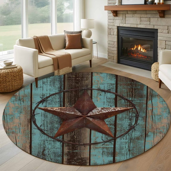 Round Rugs 5Ft, Teal Brown Texas Star Round Area Rug Washable Indoor Throw Carpet, Vintage Star Wooden Soft Non Slip Circle Rug for Cabinet Bathroom Home Decor Aesthetic