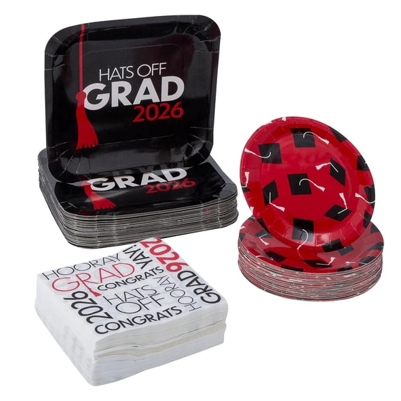 200 Pc. Red Hats Off Grad 2026 Party Disposable Tableware Set for 50 Guests