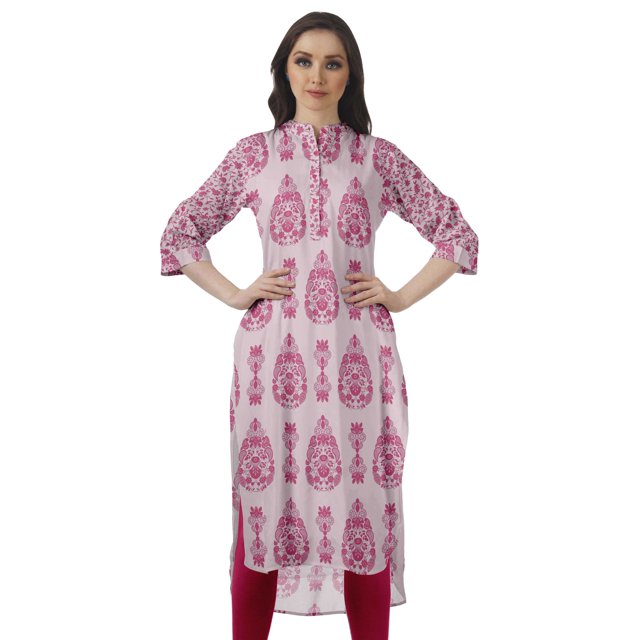 Moomaya Kurti en Coton à Col Mandarin pour Femmes, Longueur Genou, Imprimées, Robes Grande Taille