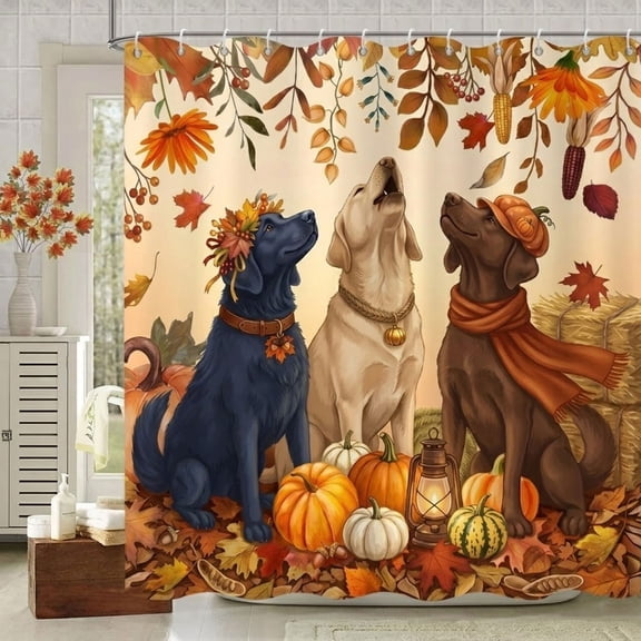 72x72in Fall Dog Pumpkin Maple Leaf Shower Curtain for Bathroom Decor