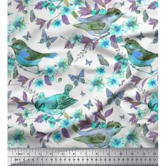 Soimoi Green Cotton Duck Fabric Insect,Floral & American Robin Bird Printed Fabric 1 Yard 42 Inch Wide