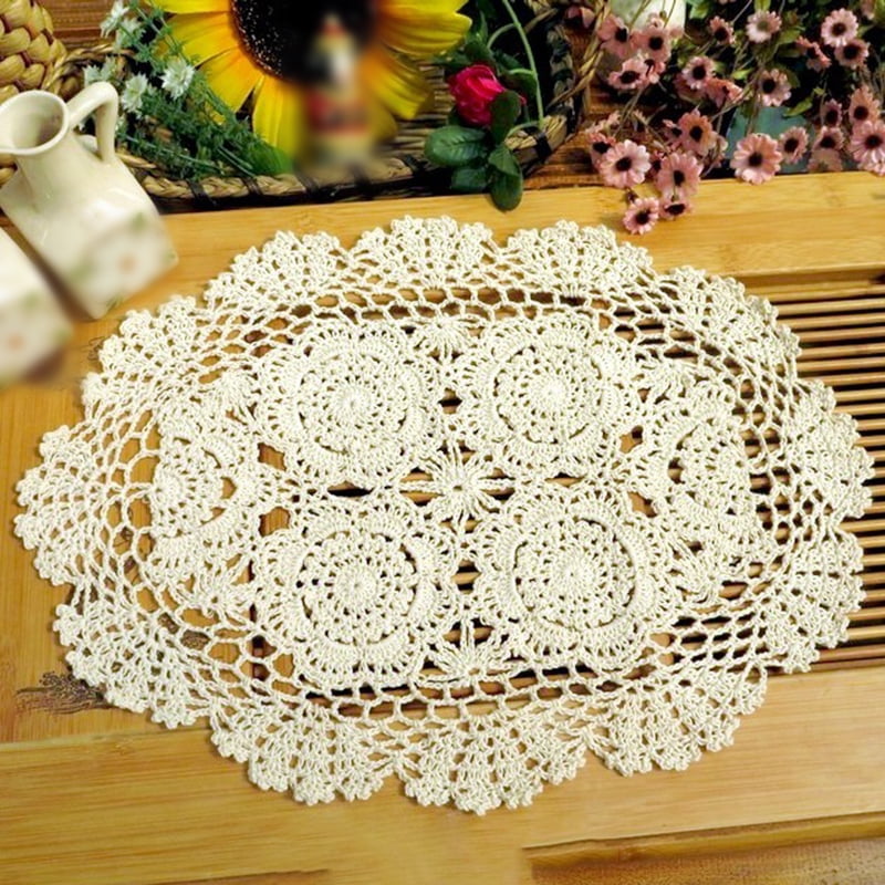 4Pcs/Lot White Vintage Hand Crochet Lace Doilies Oval Placemats Wedding 10"x14" 
