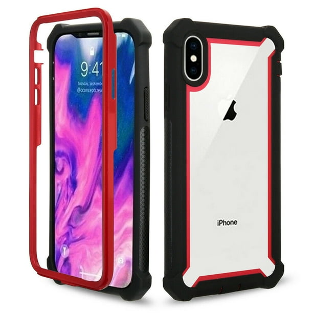 360 Degree Rugged Shockproof Protective Phone Case for Apple iPhone X XS MAX 7 8 7P 8P Crystal Hybrid Shell Protective Full (Black+Red) - Walmart.com