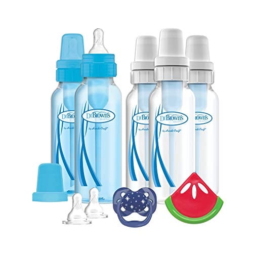 Conjunto de regalo para recién nacidos Dr. Brown's Natural Flow Anti-Colic Baby Bottle con tetinas nivel 2, mordedor refrescante de sandía y chupete PreVent, azul, de 0 a 6 meses