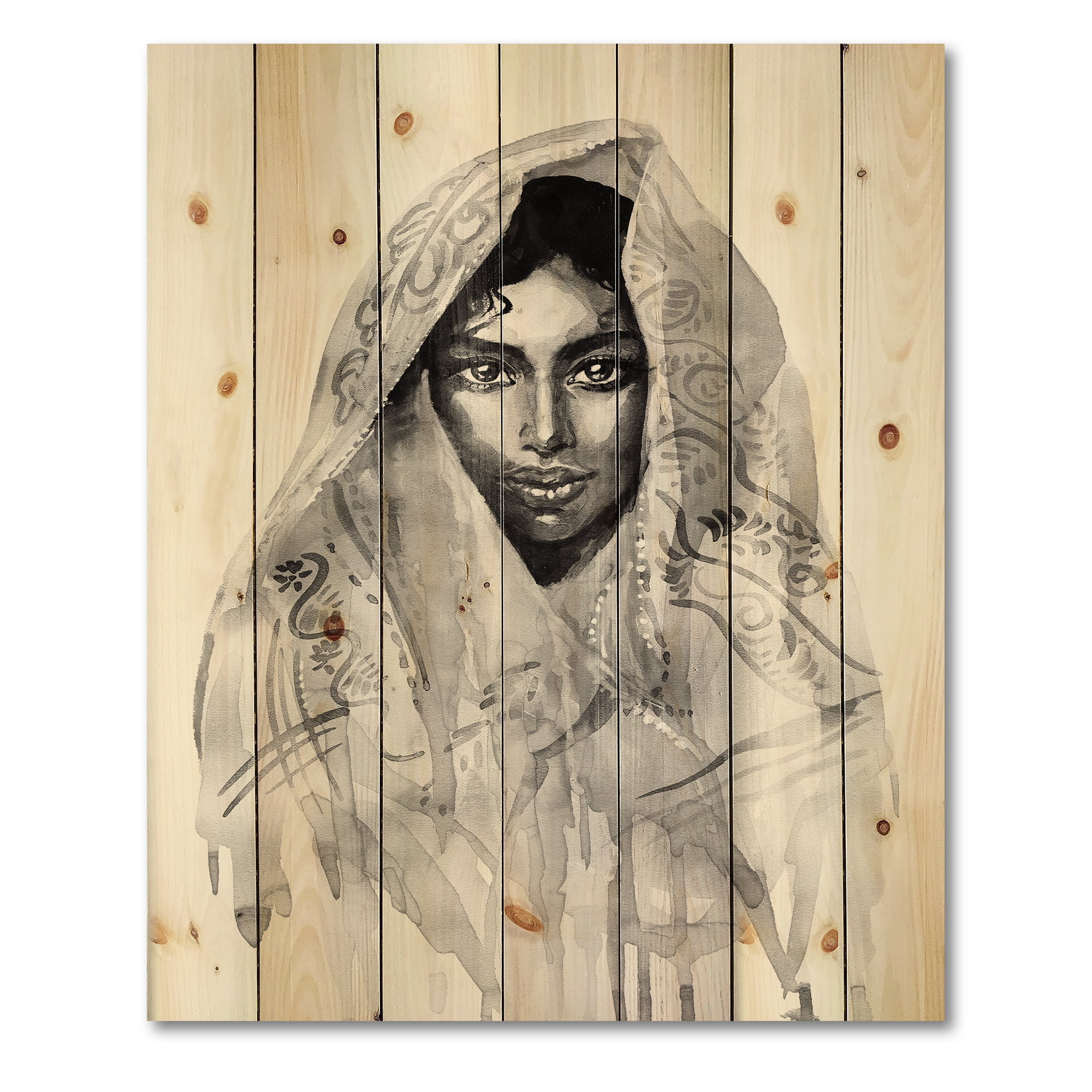 Designart 'Black and White Portrait of Young Indian Woman I' Modern Print on Natural Pine Wood