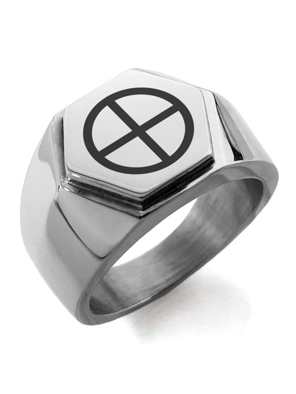 Stainless Steel Solar System Planetary Earth Engraved Hexagon Crest Flat Top Biker Style Polished Ring