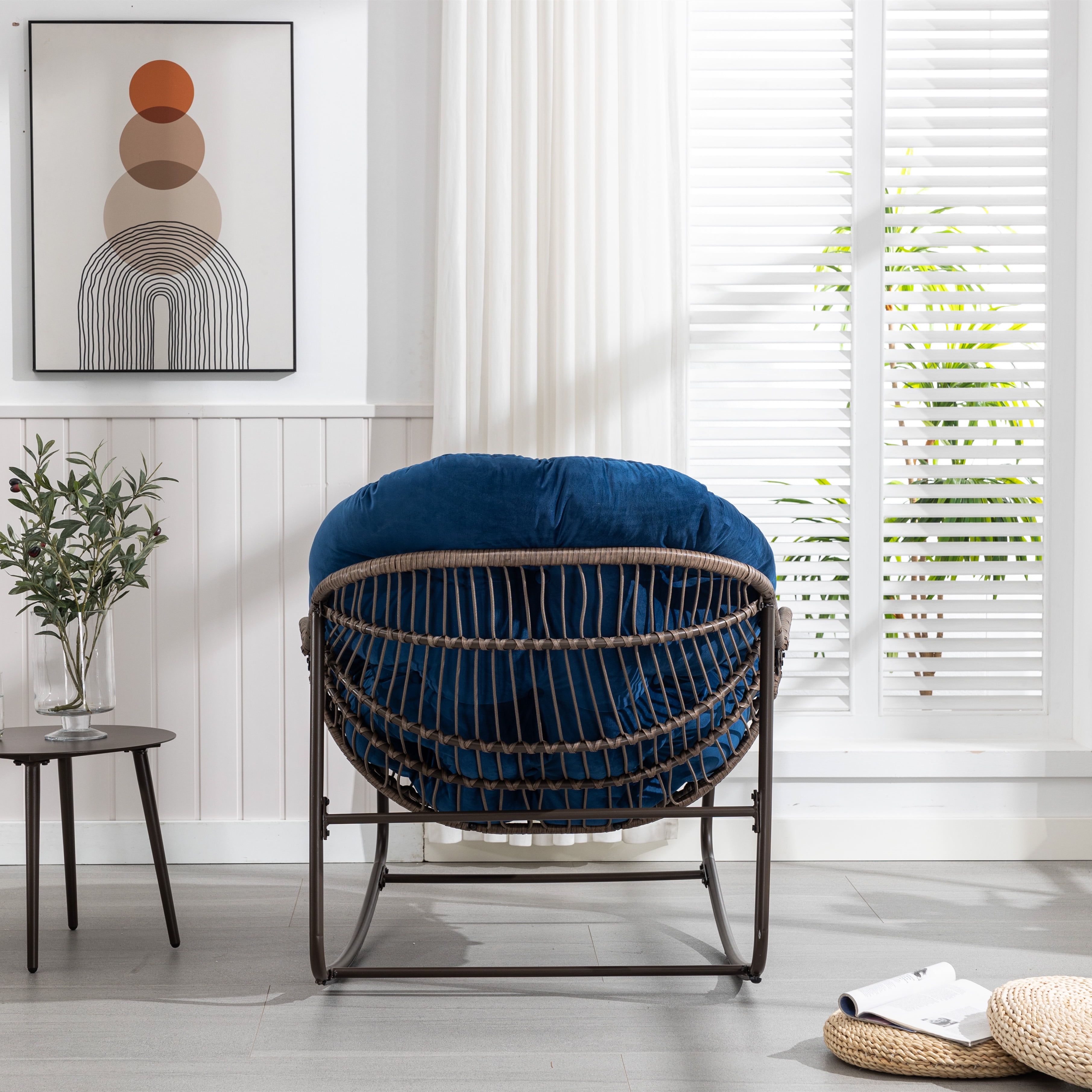 MOONMISS Rattan Rocking Chair, Indoor & Outdoor Comfy Rocker Chair with Thick Cushion, Modern Lounge Chair for Balcony, Porch, Garden, Backyard, Deck, Navy