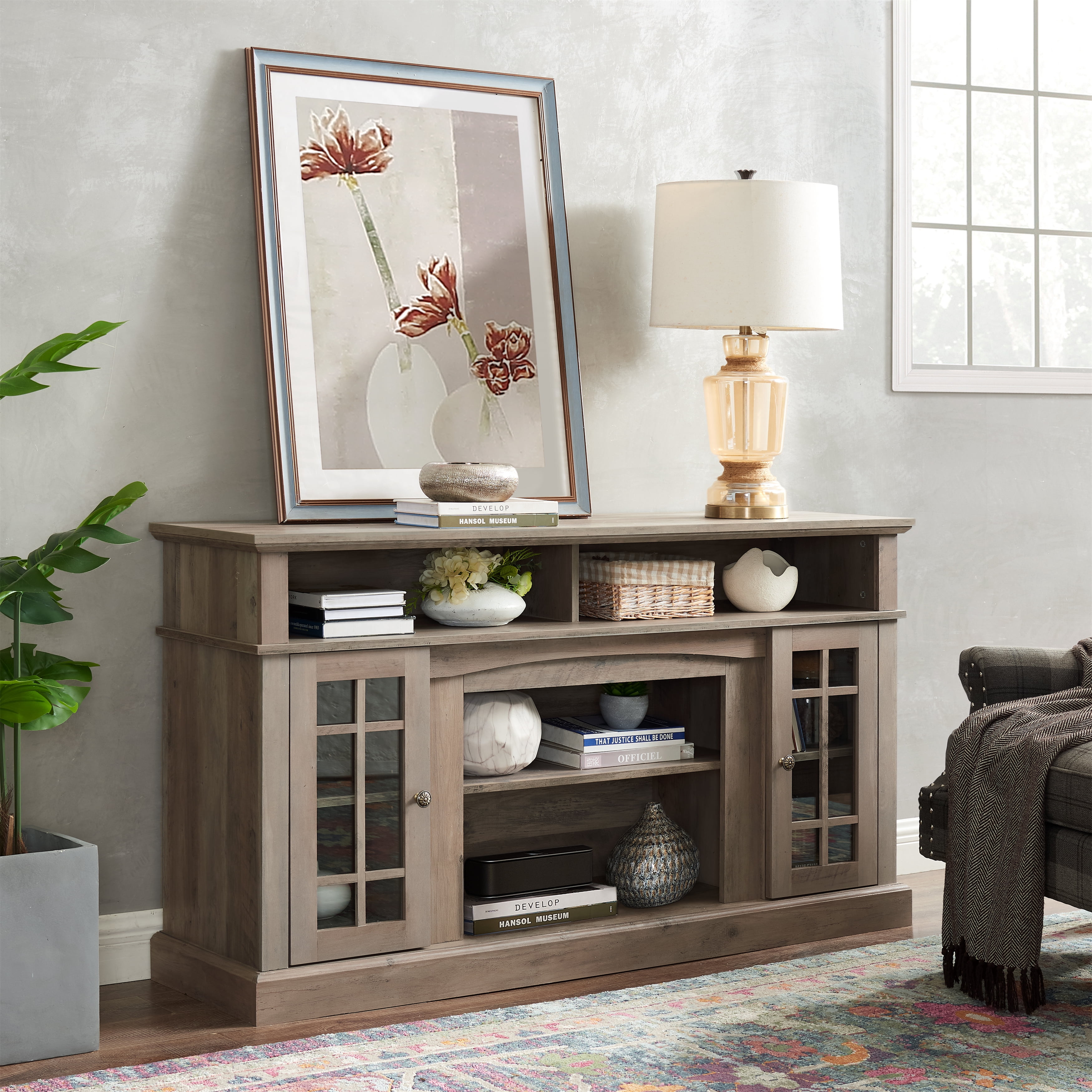 Aukfa TV Stand for TV up to 65", TV Console Table with Storage and Cabinet, 2 Doors, Gray Wash