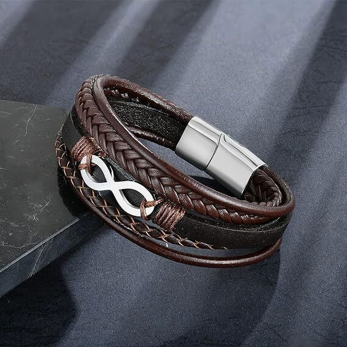 Raymard Mens Infinity 8 Multi-Layer Leather Bracelet,8.5" Brown Braided Bracelet for Men