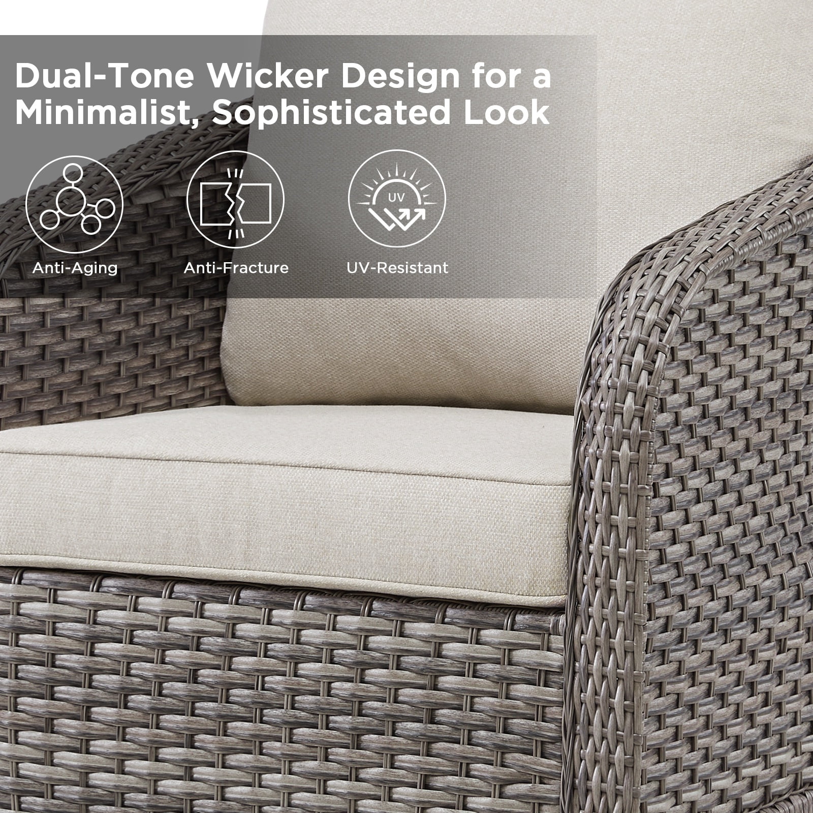 PPorfamilia 5 Piece PE Rattan Patio Conversation Sofa Sets, Outdoor Sectional Furniture Sets with Rocking Swivel Chairs and Ottomans, Beige Cushions