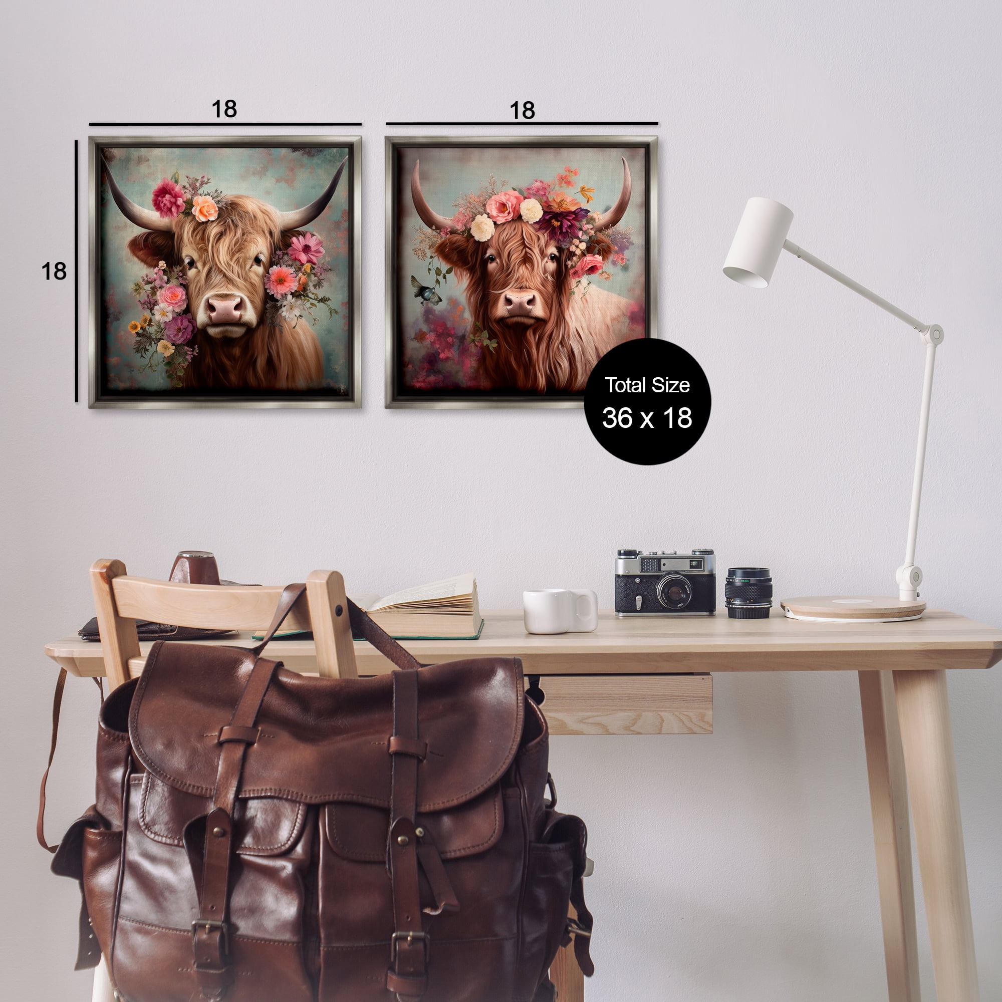 Stupell Industries Highland Cow Field Flower Crown Animals Painting Gray Floater Framed Canvas Art Print Wall Art, 18 x 18, Set of 2