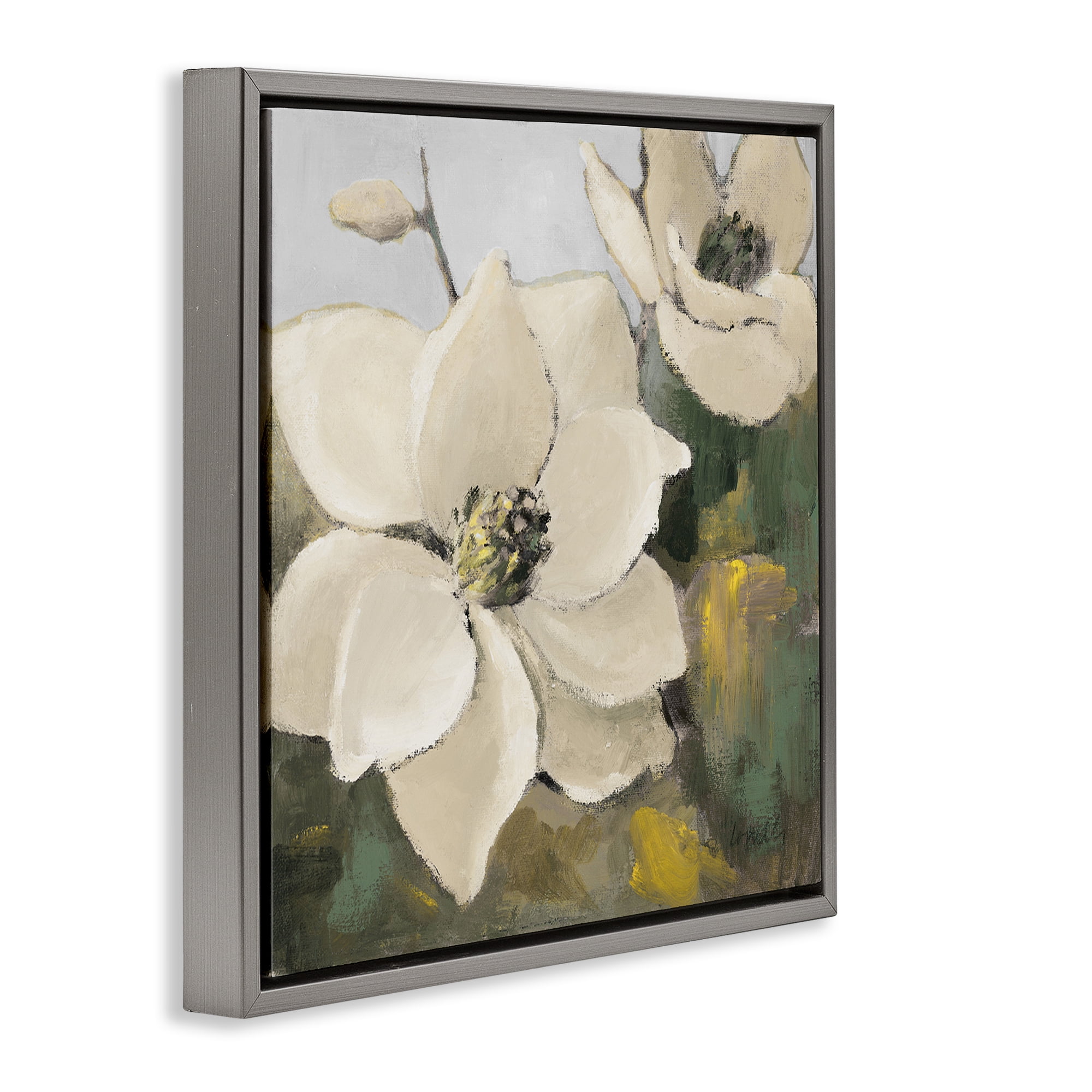 Stupell Industries Two Magnolia Blossoms Botanical & Floral Painting Gray Floater Framed Canvas Art Print Wall Art, 18 x 18