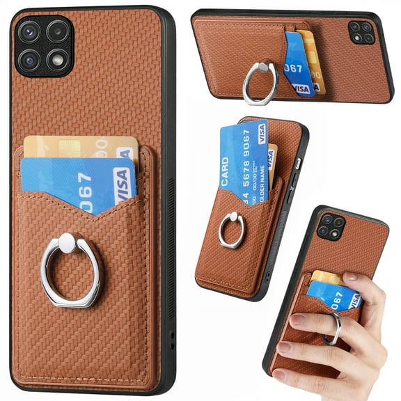 Carbon Fiber Patterned Case for Samsung A22 5G, Wallet case with [360°Rotation Ring Kickstand] Credit Card Holder,PU Leather Shockproof Cover Women Men for Samsung Galaxy A22 5G, Brown
