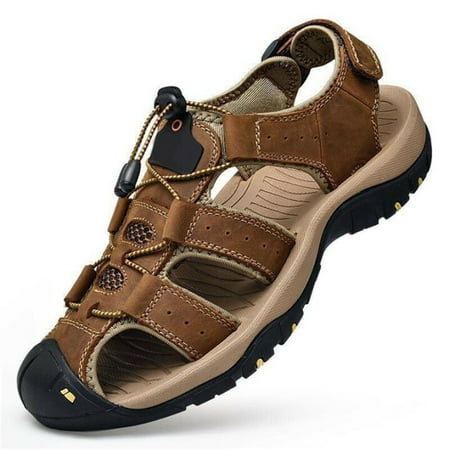 

Hueook Mens Sandals New Leather Sandals Outdoor Wading Leisure Sports First Layer Cowhide Beach Shoes Slip On Sneakers Men