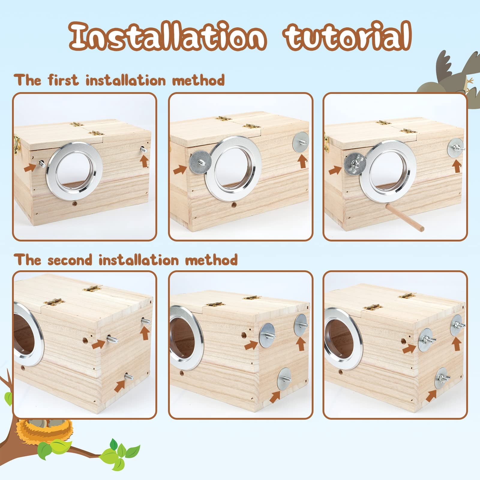 Parakeet Nesting Box Transparent Design, Bird Nest Breeding Box with Wood Bird Cage House for Cockatiel Lovebirds Finch Parrotlets Canary （12*12*19.5）