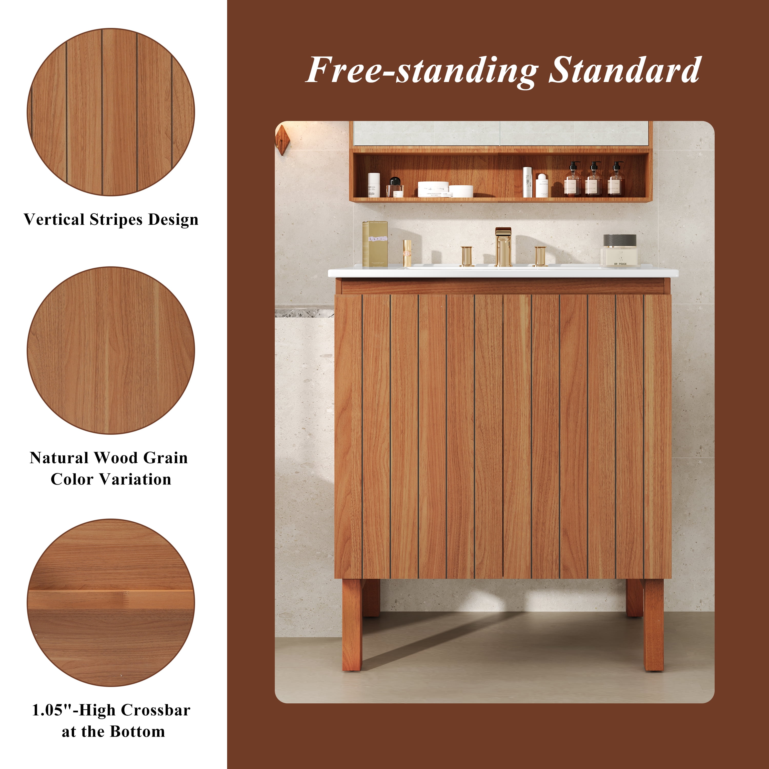 Euroco 30" Modern Bathroom Vanity with Ceramic Sink,Natural
