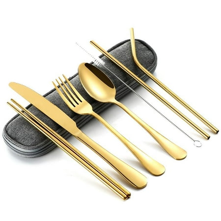 

Stainless Steel Tableware Set Portable Straw Chopsticks Spoon Fork Set with Storage Bag Dinnerware Set