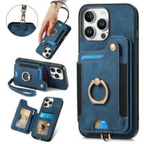 ShellTech for iPhone 16 Pro Retro PU Leather Wallet Case with Card Holder Ring Stand RFID Function Credit Card Slot with Ring Stand Protective Cover Wrist Strap,Blue