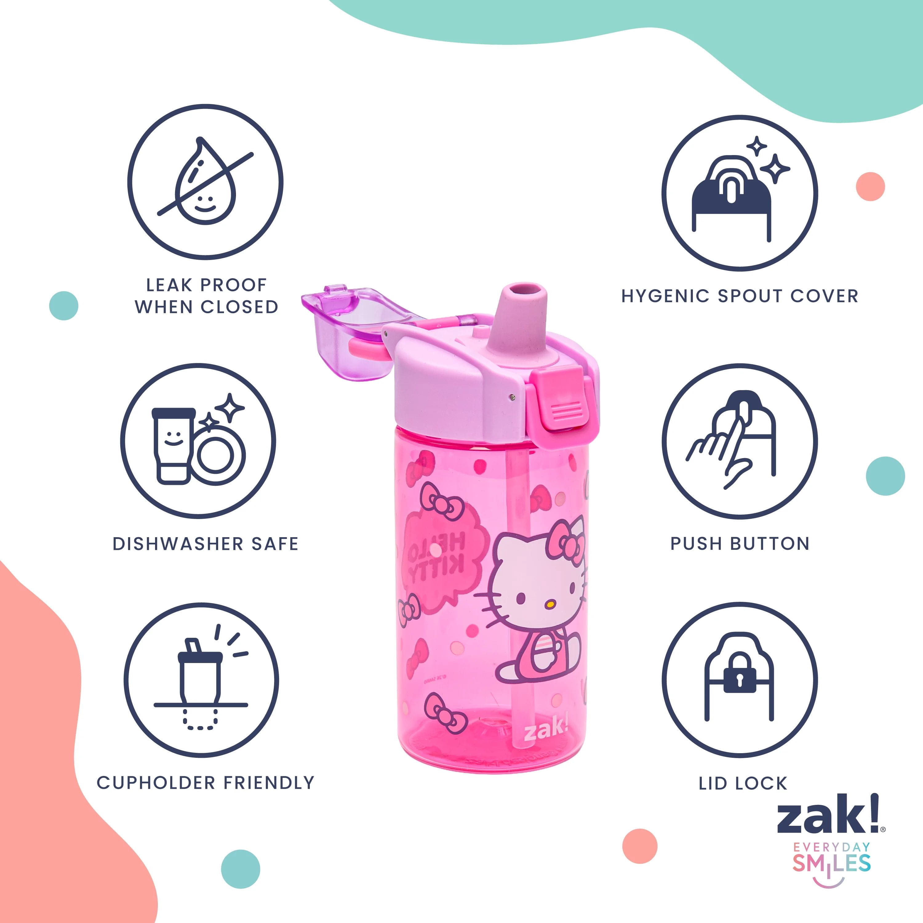 Zak Designs 16oz Hello Kitty Jubilation Durable Plastic Water Bottle, 2pk.