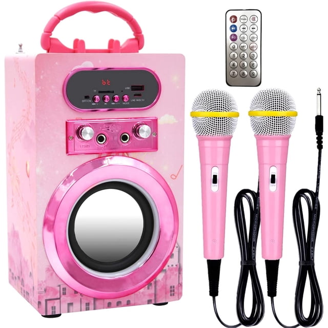 Karaoke Bluetooth Para Niños Kidsonor Con 2 Micrófonos Control Remoto Recargable Altavoz Portátil MP3 Rosa