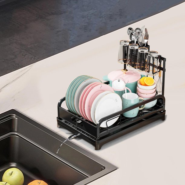 Escurridor de platos para encimera de cocina, escurridor de platos de Metal, soporte para tazas, soporte para cubiertos, estante para platos con tabla Negro