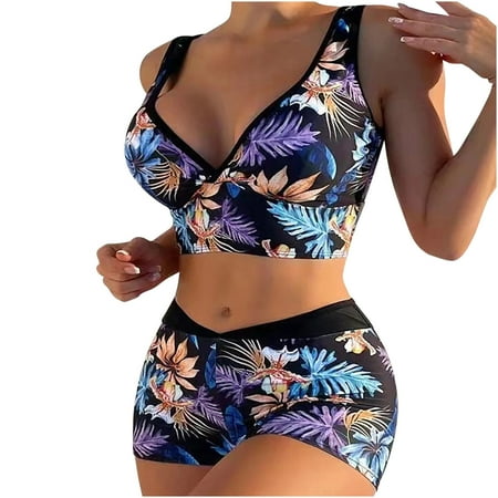 Summer Savings Clearance! yievot Women s Bikini Sets 2024 High Waisted Floral Print Two Piece Swimsuit V Neck Cheeky High Cut Boho Bathing Suits Swimwear