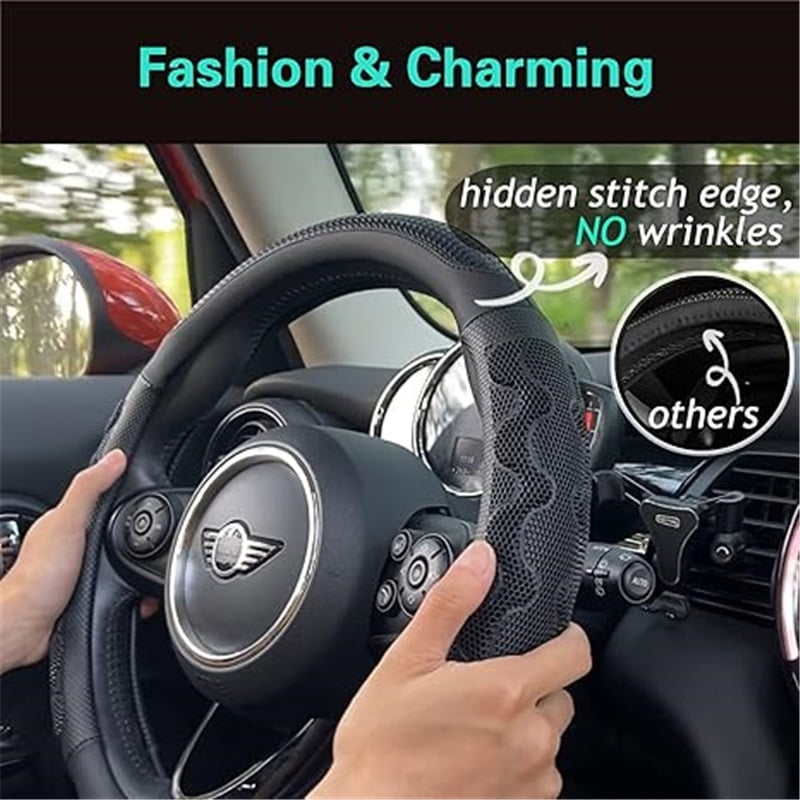 Steering Wheel Cover Great Grip with 3D Honeycomb Anti-Slip Design, Universal 14.5-15 Inch (All Black)
