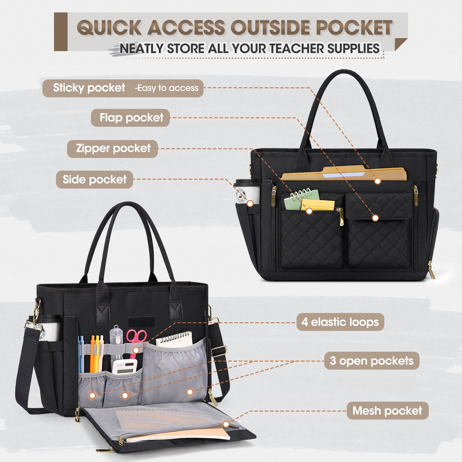 RAINSMORE Teacher Tote Bag with Insulated Lunch Compartment 15.6 inch Laptop Bag for Women Lightweight Work Bags Nurse Bags