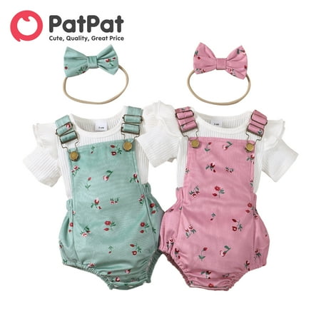 

PatPat 3pcs Baby Girl 95% Cotton Ribbed Ruffle Short-sleeve Top and Floral Print Romper & Headband Set